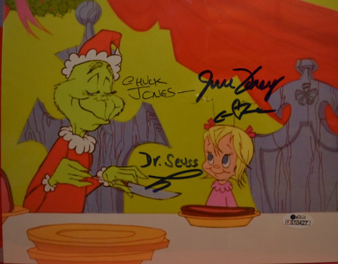 The Grinch Dr Seuss Autograph , The Grinch Signed: Awesome very rare transparency film Autograph Photo , these are very rare and very sought after hand sign by Dr Seuss , Chuck Jones and june foray voice actor awesome rare item.. hand sign by all 3 Al