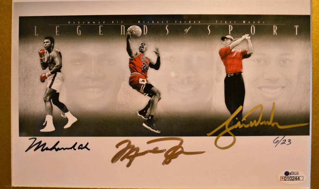 Legends of Sports Autographs Ali, Woods , Jordan: Awesome very rare hand sign Legends of sports hand sign photo , this is an absolute beautiful signed photo... very rare sign by Michael Jordan , Ali and Tiger Woods numbered out of 23 sign , this was 