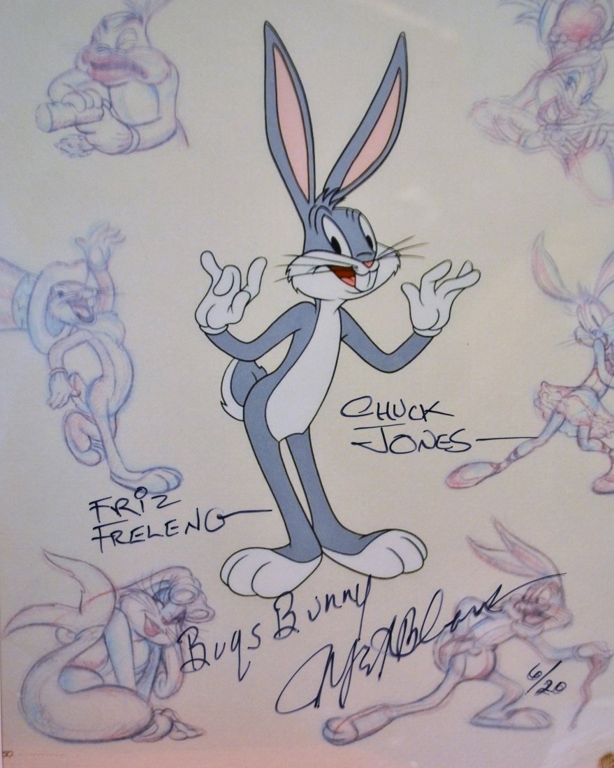 Bugs Bunny Autograph Looney Tunes Cell , Bugs Bunny sig: Awesome very rare sign transparency cell of bugs bunny this transparency cell is sign by fritz , chuck jones and mel blanc very rare of 20 hand sign .. this is an absolute beautiful signed photo... ve