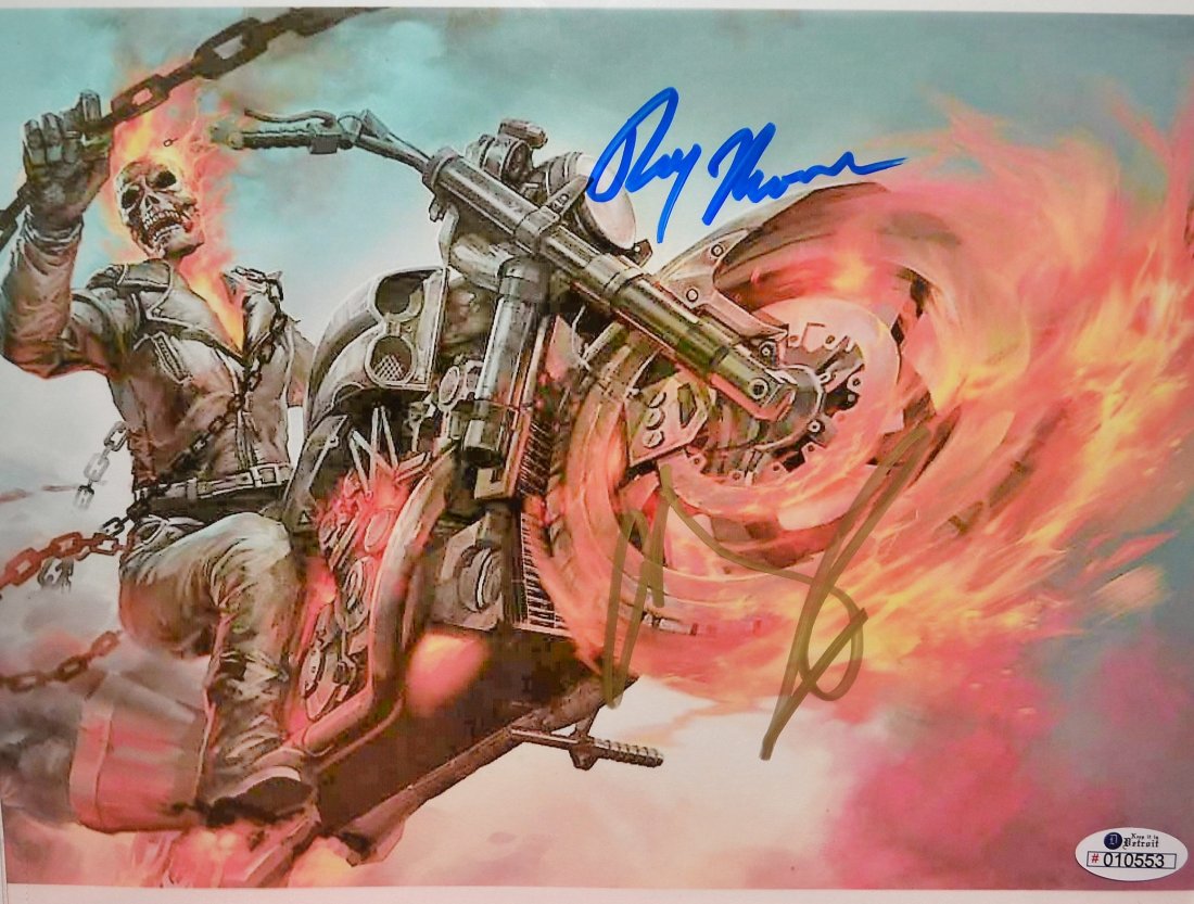 Ghost Rider Autograph Photo , Marvel Sign Ghost Rider: Awesome very rare sign promo transparency photo of Ghost Rider Autograph by Roy Thomas and Nick Cage awesome rare promo picture.Hollywood these sign prints are very sought after and hard to find... . 