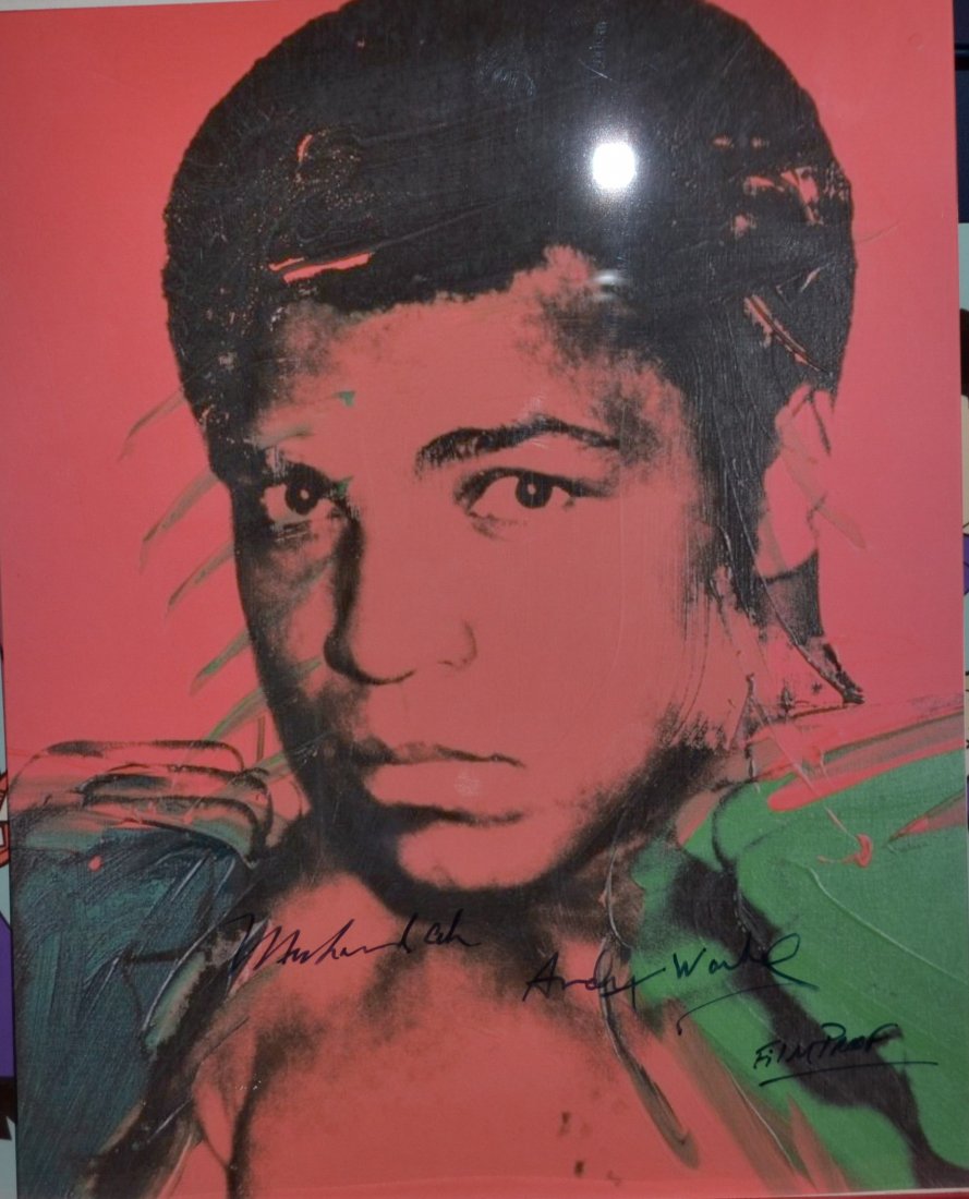 Andy Warhol Autograph Ali Photo, Andy Warhol Sign Ali: Awesome very rare sign photo this is truly a one of a kind piece. found in an LA Estate this is a Film photo of Andy Warhol Ali Autograph By Andy Warhol and M Ali and says Film Proof , its made like a