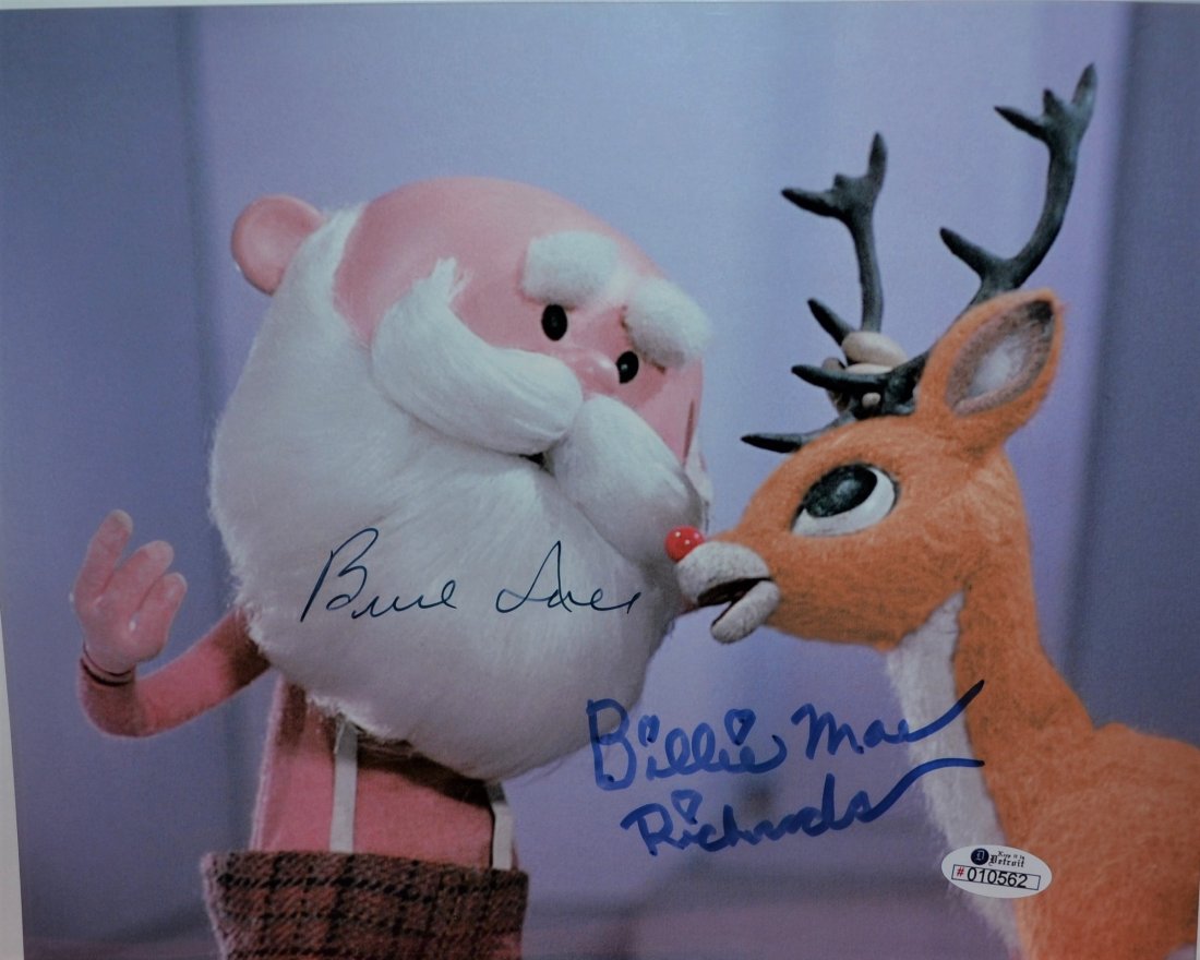 Rudolph Autograph Burl Ives Sign Rudolph raindeer: Awesome very rare autograph promo film photo of Burl Ives and Billie Mae Richards of Rudolph the red nose raindeer this is a film transparency photo like a film cell these are rare and hard to come by