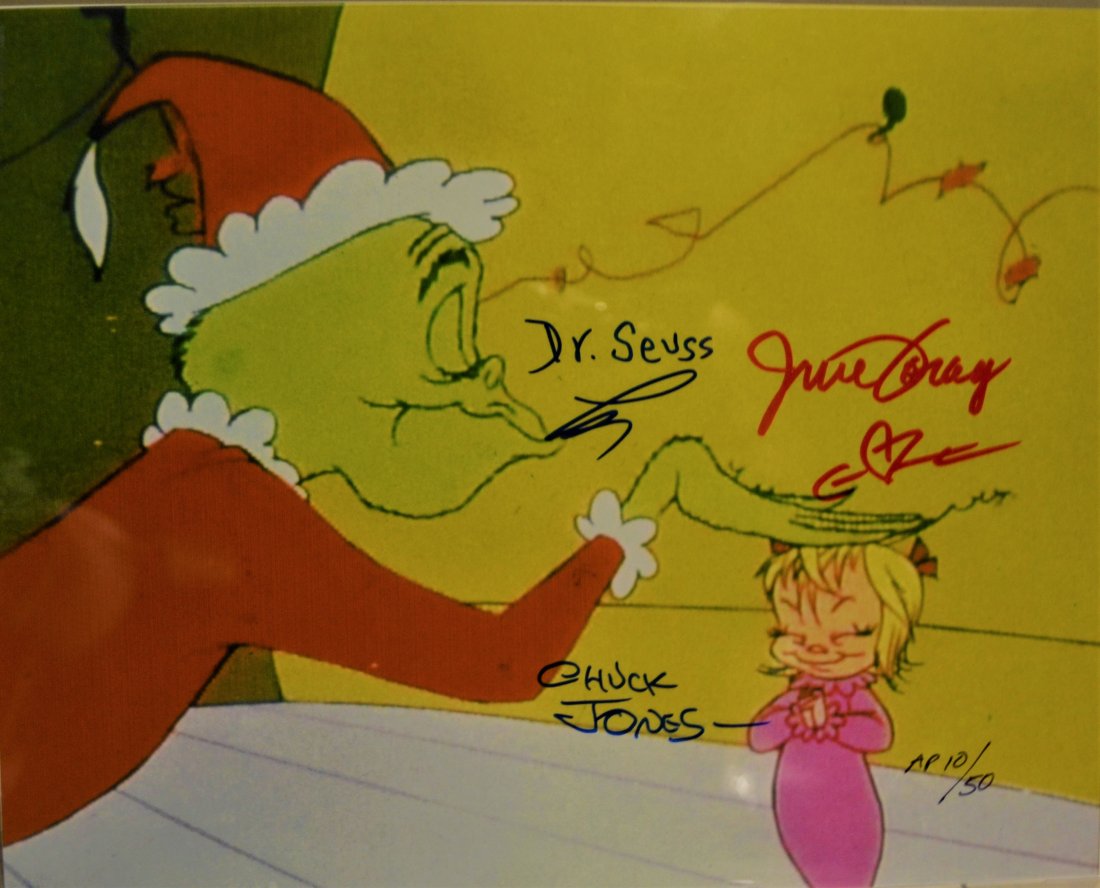 The Grinch Dr Seuss Autograph Cell dr Suess,Chuck Jones: Awesome very rare hand Sign Transparency Film Cell By Dr Suess , June feray and Chuck Jones number out of only 50 . these are rare and very sought after this is an absolute beautiful signed photo... v