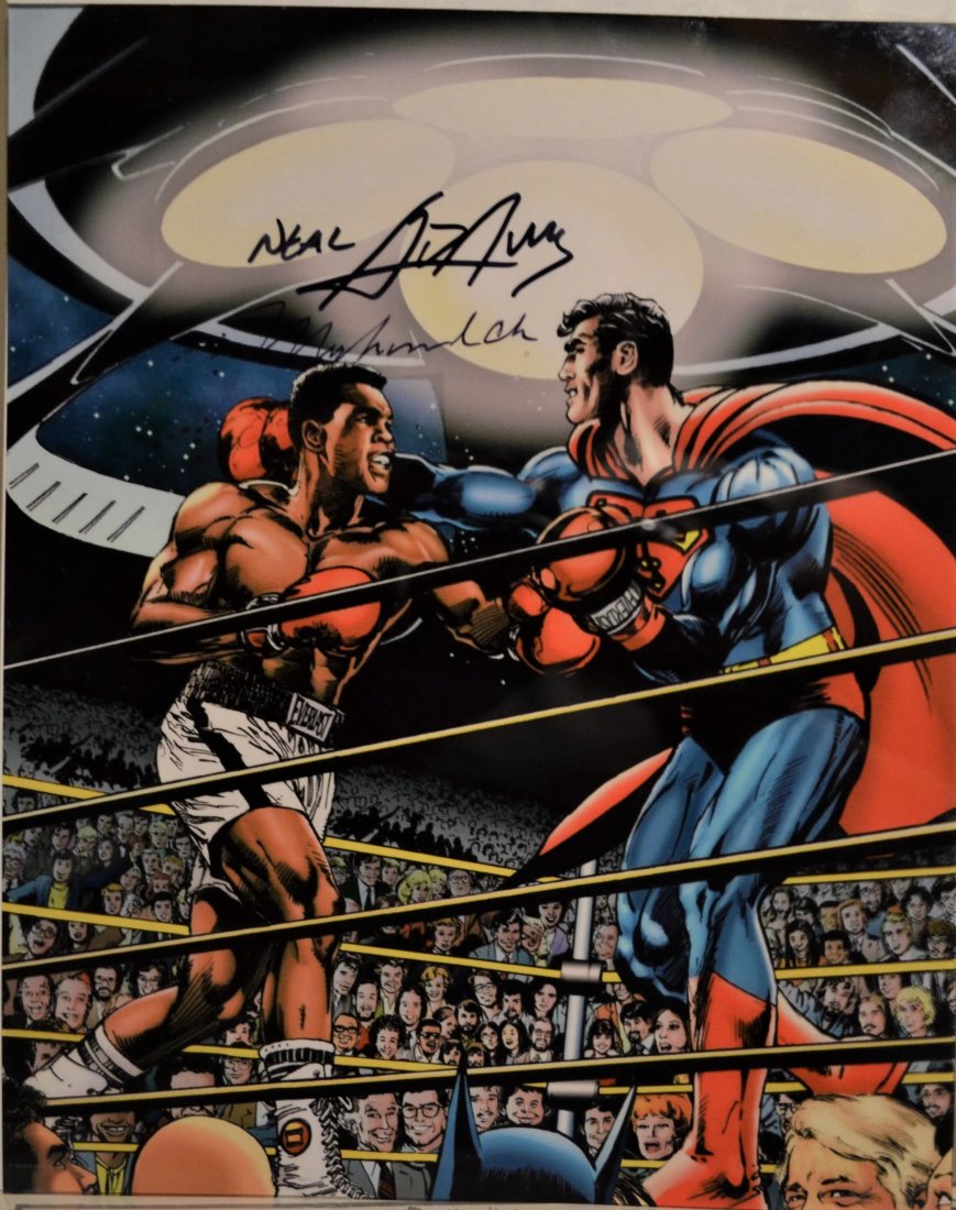 Ali , Neal Adams Autograph Ali Vs Superman , Ali Sign: Awesome very rare hand Autograph Beautiful transparency film photo Autograph By artist Neal Adams and Ali beautiful very colorful awesome piece... haven't found another one for sale..this is an absolu