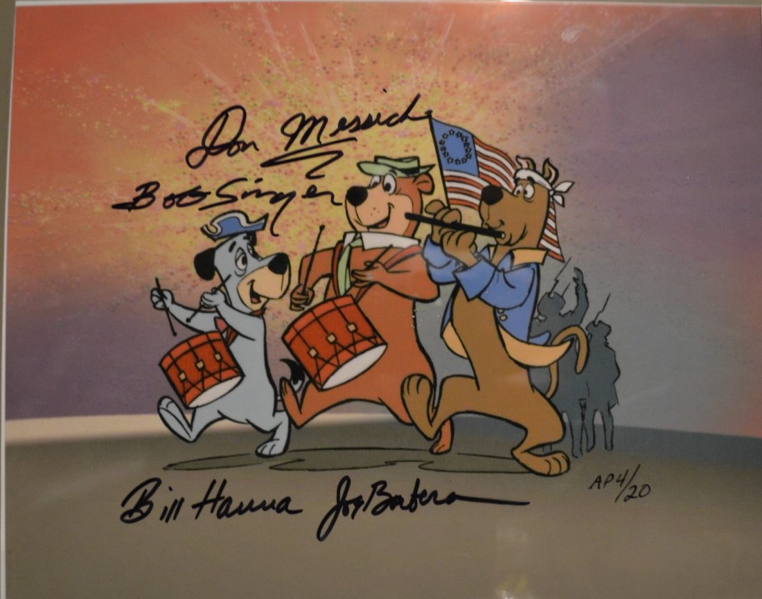 Scooby Doo , Yogi Bera Hanna and Barbera Autograph Art: Awesome very rare hand to find Awesome Hanna and Barbra Transparency Film Cell Autograph By Bill Hanna , Barbera , Don Messick , Bob Singer this is such a great Americana Piece A.P of only 20 made thi