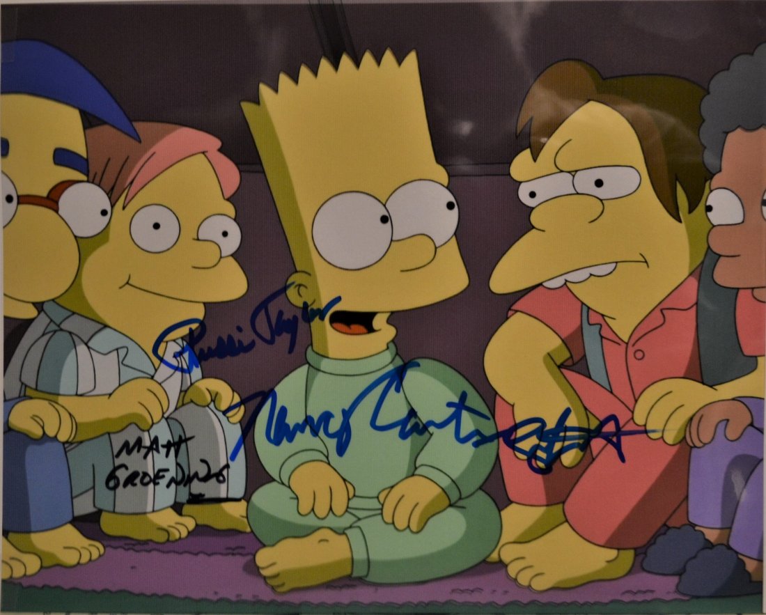 Simpsons Russi Taylor Autograph Photo , The Simpsons: Awesome very tough Transparency Film Promo photo Autograph By Russi Taylor sadly she passed away a few days ago , Matt Groening creator and Bart Voice Nancy Cartright this is a rare photo sign by thes