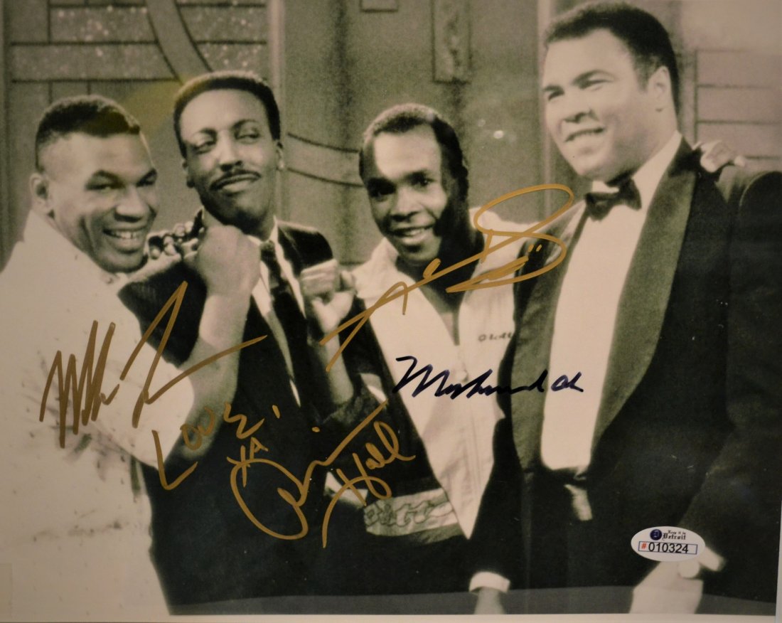 Mike Tyson , Ali Autograph Photo , Tyson Ali Ray Lenoar: Very Rare Autograph of the Arsinio Hall Show , Autograph by Mike Tyson , Ali , A Hall and Sugar Ray Lenoard super rare photo Absolute beautiful sign photo … you could not get this any longer and a m