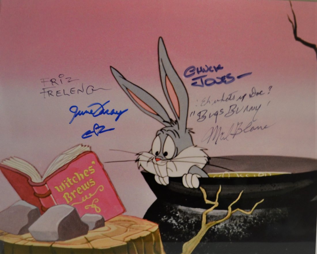 Bugs Bunny Autograph Chuck Jones, Mel Blanc Autograph: Very Rare Autograph Transparency Film Photo from 1980s Witches Brew Sign By Fritz Freleng , Mel Blanc , Chuck Jones and Witch Hazel Voice June Foray . these are rare and hard to find.. very nice cool 