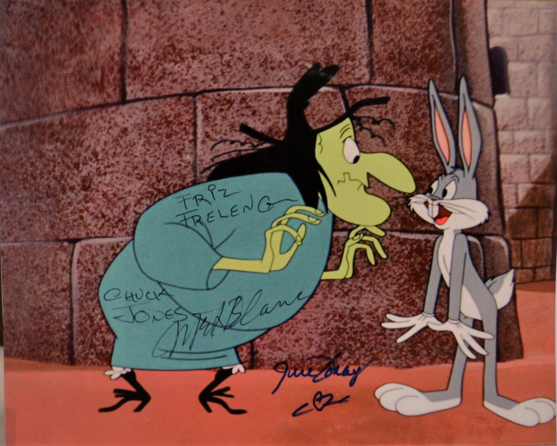 Bugs Bunny Sign Chuck Jones Friz Freleng Mel Blanc Sign: Very Rare Autograph Transparency Film Photo 1980s , this is Autograph By Friz Freleng , Mel Blanc , Chuck Jones and Witch Hazel Voice June Foray , these are rare and hard to find .. Absolute beautiful