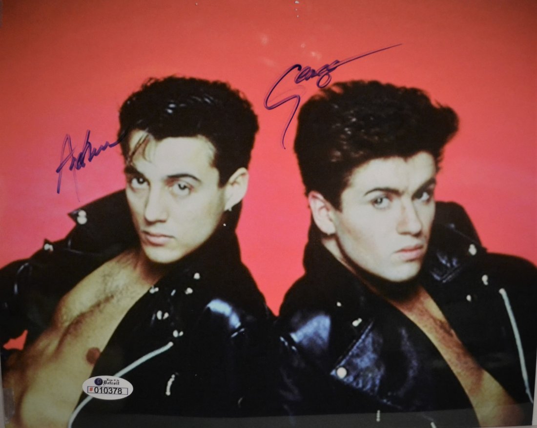 Wham Autograph , George Michaels Sign Photo: Very Rare Autograph Photo of Wham Autograph First names of George Michaels and Andrew Ridgeley very nice Sign photo , on Georges signature looks like the sharpie stopped and he started again. still a 