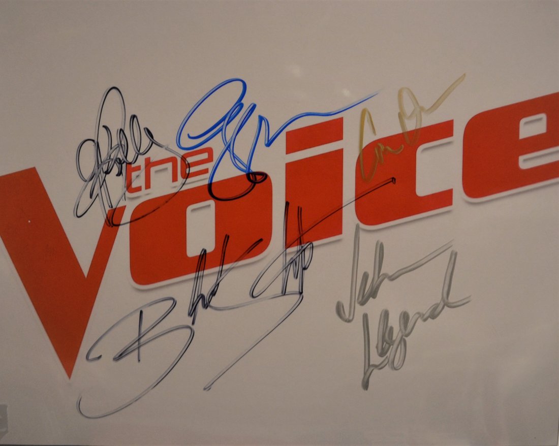 The Voice Autograph Cast , John Legend Autograph: Awesome Autograph photo of the Hit Tv show the Voice , this awesome photo is Autograph By Blake Shelton , Gwen Stafani , John Legend , Kelly Clarkston and Carson Daily , we just got this in from LA fr