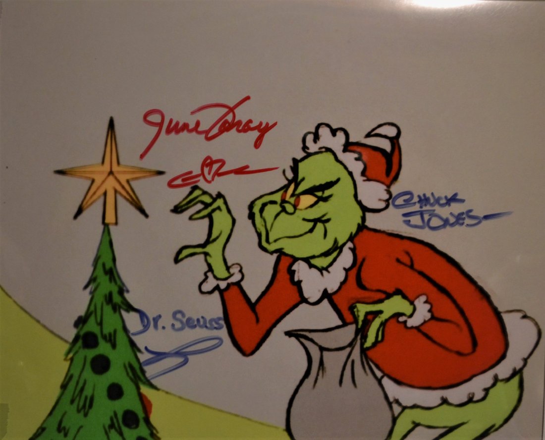 The Grinch Autograph Photo , Dr Seuss , Chuck Jones: Very Rare Autograph Photo of the grinch , this rare transparency film photo is Autograph By Dr Seuss , Chuck Jones and June Foray . Absolute beautiful sign photo you can not get this any longer and a 