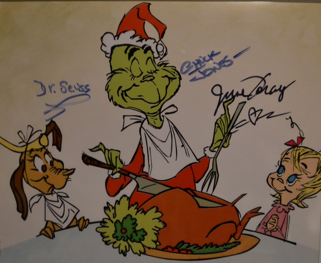 The Grinch Autograph , Dr Seuss , Chuck Jones Autograph: Very Rare Autograph Photo of the grinch , this rare transparency film photo is Autograph By Dr Seuss , Chuck Jones and June Foray . Absolute beautiful sign photo you can not get this any longer and a 