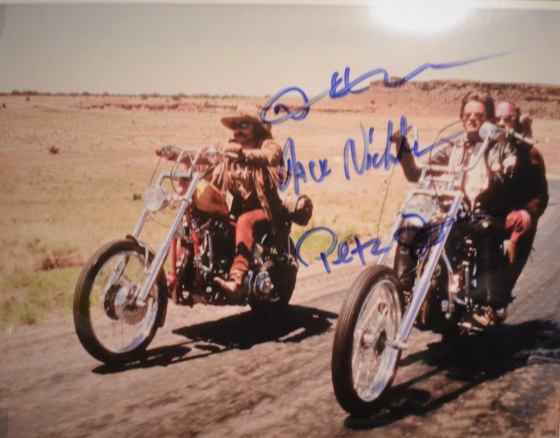 Easy Rider Autograph Cast, Jack Nickolson , Peter Fonda: Very Rare Autograph Photo of the cast of Easy Rider, this rare Photo is Autograph By Jack Nickolson , Peter Fonda, and Dennis Hopper Absolute beautiful sign photo you can not get this any longer and a