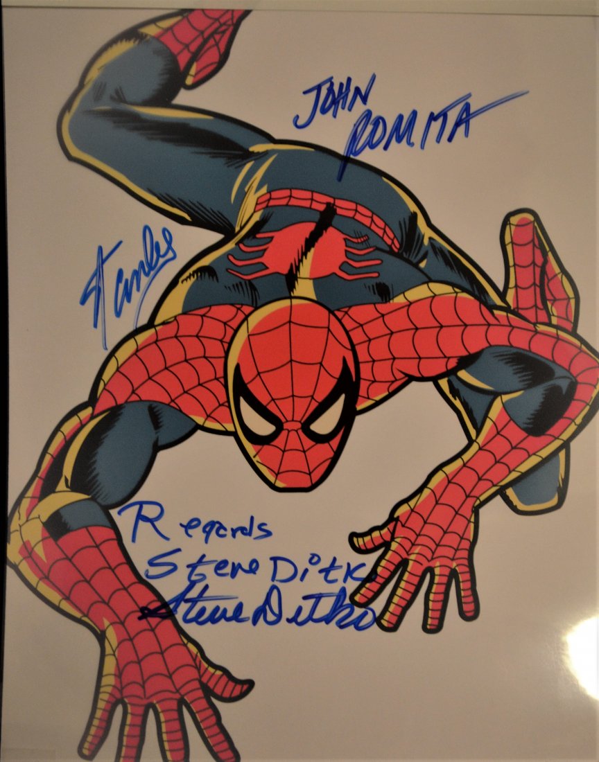 Spiderman Autograph Photo , Spiderman Sign Photo: Very Rare Autograph Photo of Spiderman , this transparency film photo is sign by Stan Lee, John Romita and steve ditko , these are very rare now and hard to find.Absolute beautiful sign photo you can 
