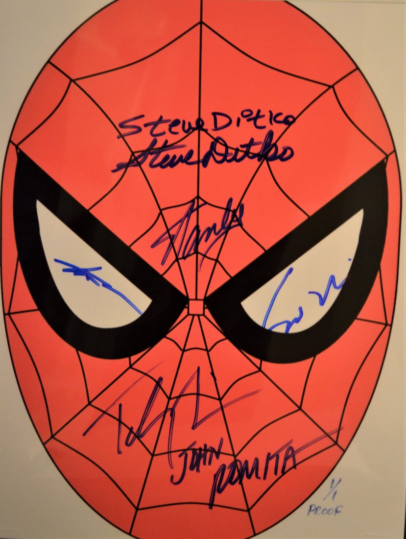 Spiderman Autograph Photo , Siderman Sign Photo: Very Rare Autograph Photo of The Mask of Spiderman , this very rare transparency film art is Autograph By , Steve Ditko, Stan Lee , John Romita, Toby McGuire, Sam Remi , Tom Holland this is only 1 sig