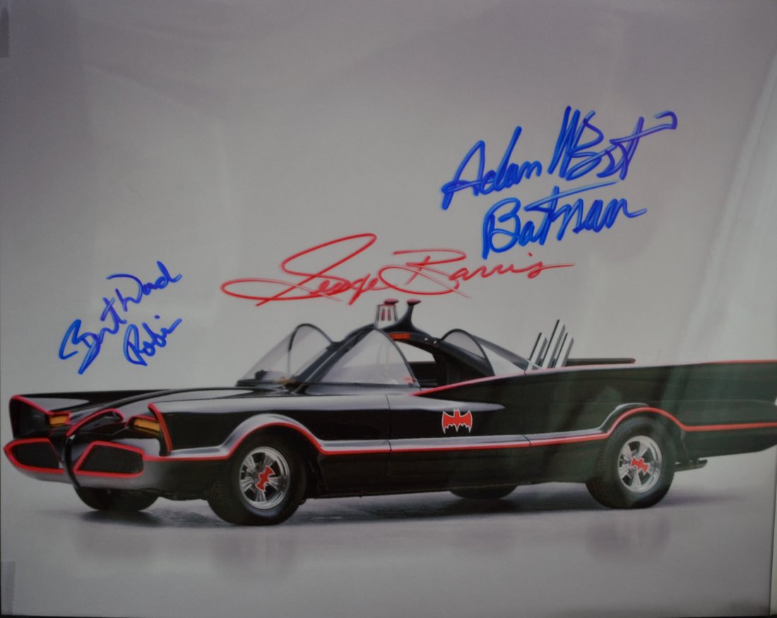 Batmobile Autograph George Barris Photo , Adam West bat: Very Rare Autograph Photo of the batmobile Autograph by George barris , adam west , burt ward , very nice promo photo sign by all 3 Absolute beautiful sign photo you can not get this any longer and a 