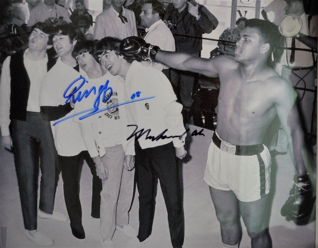 Muhammad Ali and the Beatles Sign Photo Ringo Sign: Very Rare Autograph Photo of Ali with the Beatles , this rare photo is Sign By Ali and Ringo , Ringo will not sign anything anymore ..these are rare Absolute beautiful sign photo you can not get this 