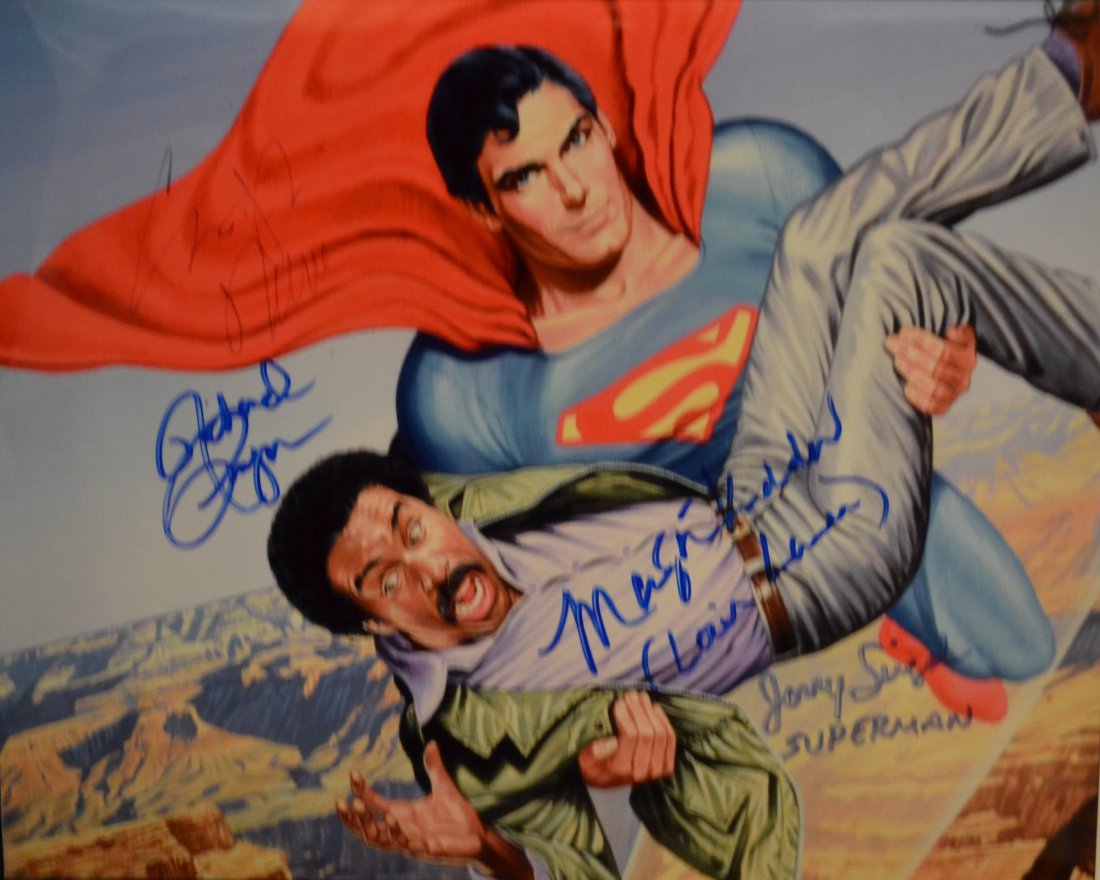 Superman Cast Autograph Christopher Reeve ,Jerry Siegel: Very Rare Autograph Photo of the cast of Superman 2 , this rare autograph is sign by Christopher reeve light signature, Richard Pryor , Margot kidder and superman creator Jerry Siegel these are very r