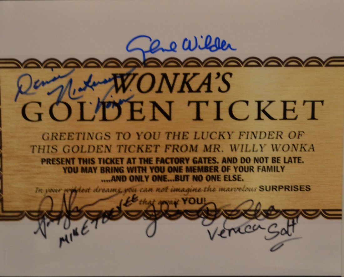 Willy Wonka Autograph Golden Ticket, Willy Wonka Sign: Very Rare Autograph Photo of willy Wonka golden ticket, sign by Gene Wilder , Paris Themman , Julie dawn cole, denise nickerson Absolute beautiful sign photo you can not get this any longer and a must