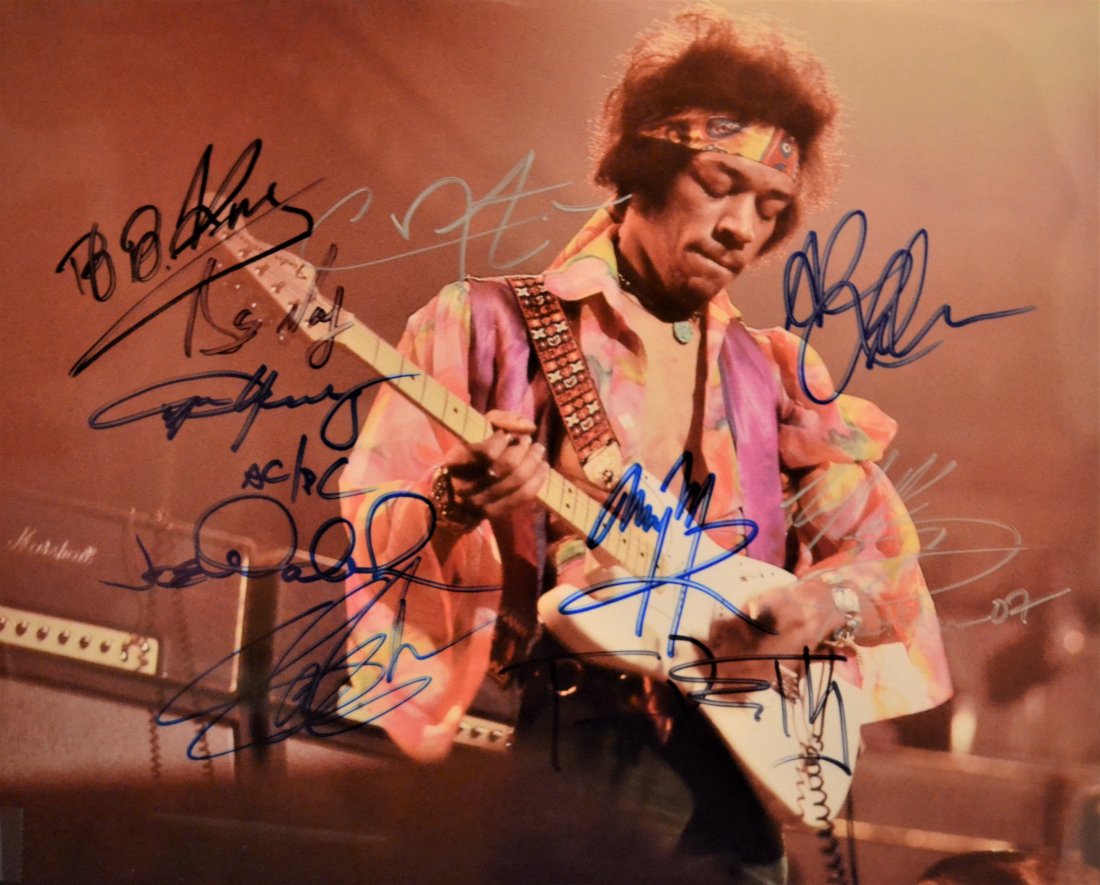 Rock and Roll Hall of fame Autograph jimmy page: Very Rare Autograph Photo of rock and roll hall of fame Guitar gods, this rare photo was sign at a few rock and roll awards our friend is a security there, this is sign by , bb king, angus young, joel