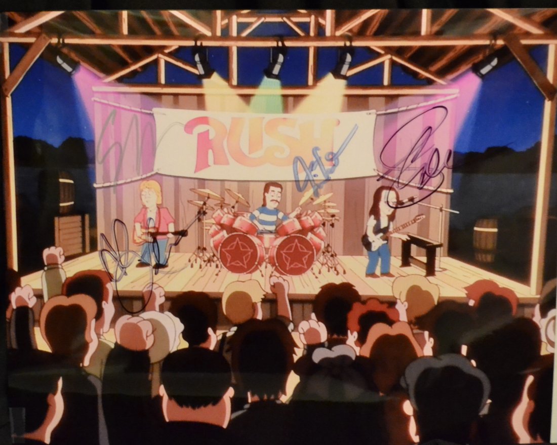 Rush Autograph Photo , Rush Sign Photo , Family Guy: Very Rare Autograph Photo of Family guy with Rush , this is a one of a kind photo sign by the band and seth McFarlane , sign by geddy lee, alex lifeson and neil pert and seth McFarlane . a very rare i