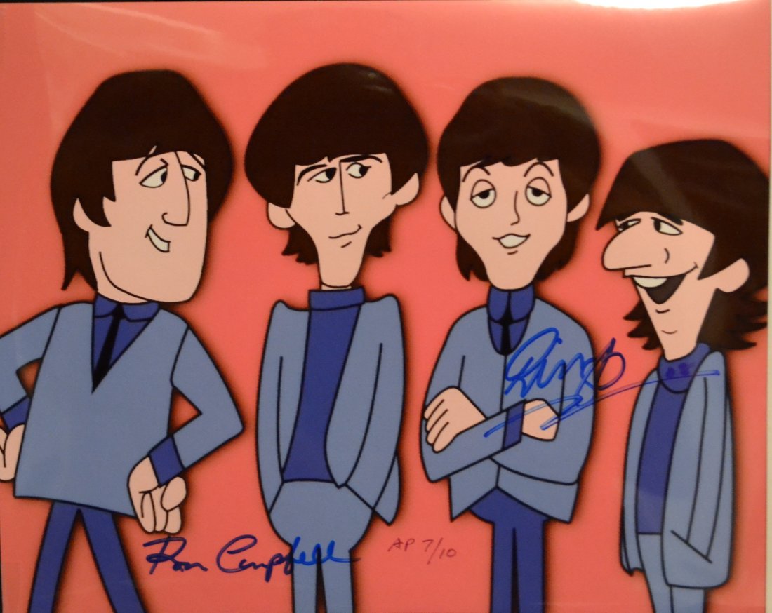 The BEATLES Autograph Photo , the Beatles Cartoon Auto: Very Rare Autograph Photo of the beatles carton, this transparency film photo is sign by Ringo and Ron campbell the creator , these are very rare to find, sign and of only 10 Absolute beautiful sign p