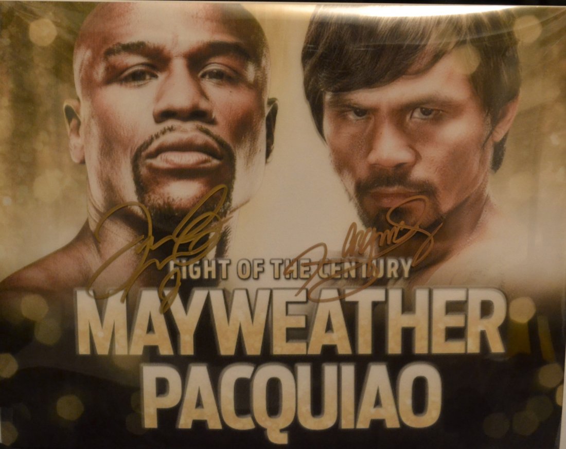 Mayweather and Pacquiao Autograph Photo , Floyd: Very Rare Autograph Photo of Floyd Mayweather and Manny Pacquiao double sign photo , this is a great promo sign by these stars.. gold sharpieAbsolute beautiful sign photo you can not get this any long