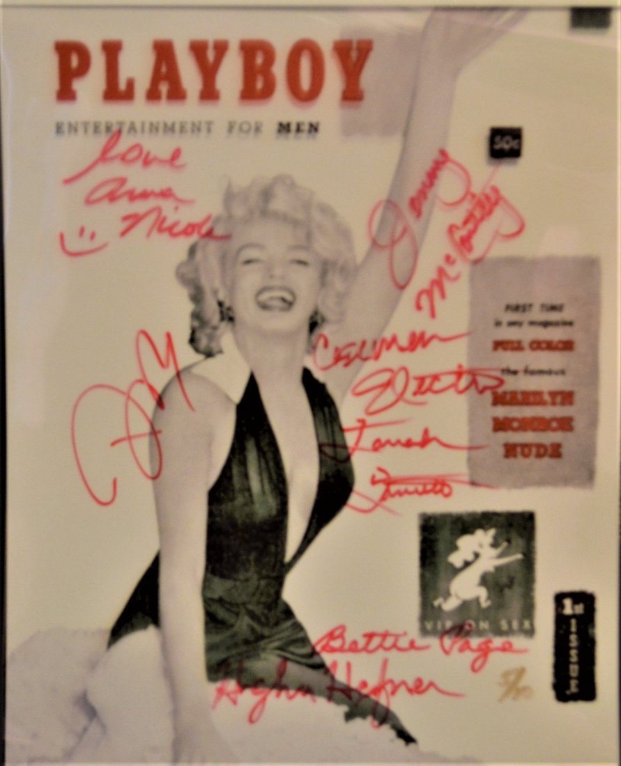 Playboy Autograph Hugh Hefner Marilyn Monroe Cover: Very Rare Autograph Photo of the classic Marilyn Monroe cover , this limited edition is autograph by Hugh Hefner , bettie page, Farrah Fawcett , pam Anderson , anna Nicole and carmen electra , jenny M
