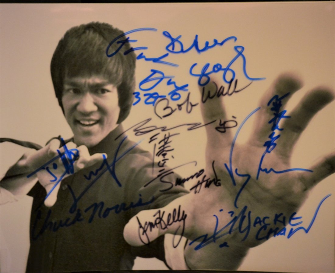 Bruce Lee Autograph Movie cast, Bruce Lee Dragon: Very Rare Autograph Photo this has to be seen, this took a few years to complete by a good friend in the martial arts world and then given to us.. this beautiful photo is autograph by some of the cast