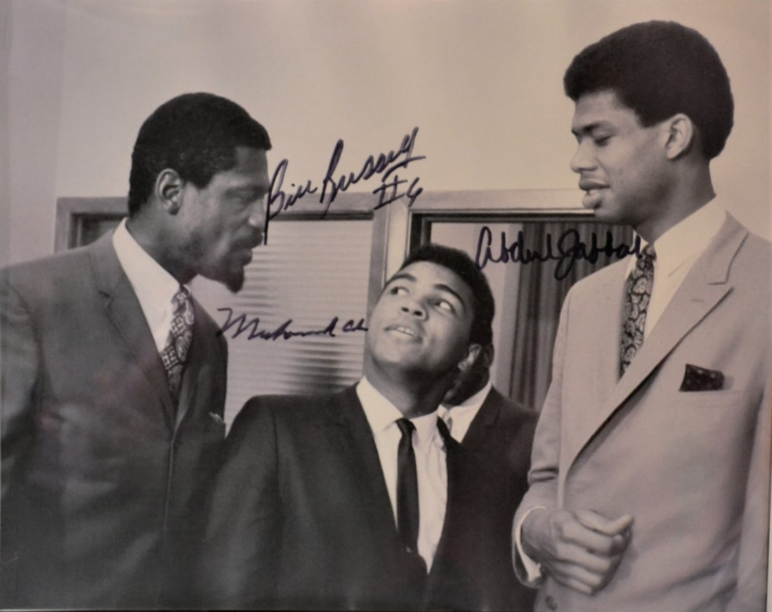 Ali, Russell, Jabbar Autograph Photo . Ali Sign: Very Rare Autograph Photo of 3 of the greats , Ali, Bill Russell and K A Jabbar very rare sign by all 3 ..awesome Absolute beautiful sign photo you can not get this any longer and a must have all item