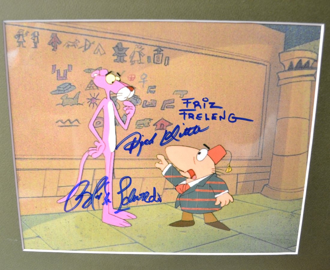 The Pink Panther Autograph Transparency Photo , Friz: Very Rare Autograph , this is a beautiful very tough autograph photo is sign by these rare transparency film photos sign by Friz Freling, rich little and blake edwards. Absolute beautiful sign photo y