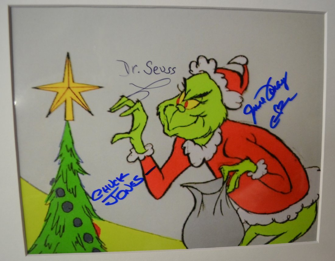 The Grinch Transparency Film Photo , The Grinch Dr Seus: Very Rare Autograph , this is a beautiful very tough autograph photo is sign by this rare transparency film photo is sign by Dr Suess, Chuck Jones, and June forayAbsolute beautiful sign photo you can 