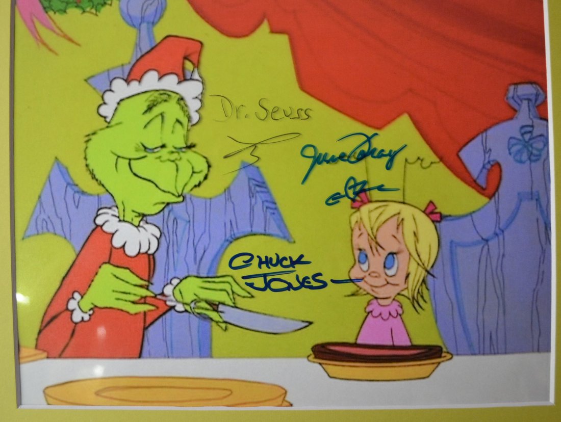 The Grinch Autograph Film Photo, Sign Dr Suess Photo: Very Rare Autograph , this is a beautiful very tough autograph photo is sign by this rare film transparency photo is sign by DR Suess , Chuck Jones and June Foray.Absolute beautiful sign photo you can