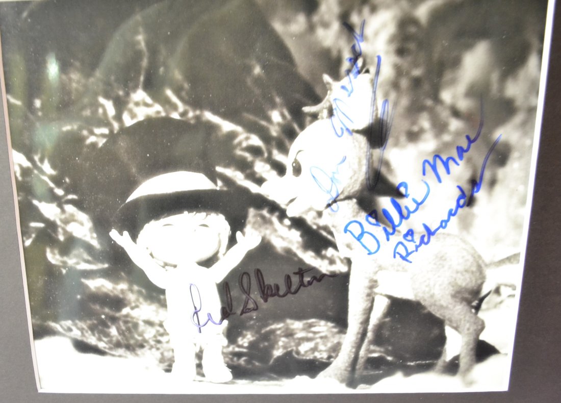 Rudolph shiney new year autograph Photo , Rudolph sign: Very Rare Autograph, this is a beautiful very tough autograph photo is sign by red skeleton , don messick and billie mae richardson . these transparency film photos are hetting scarce Absolute beautif