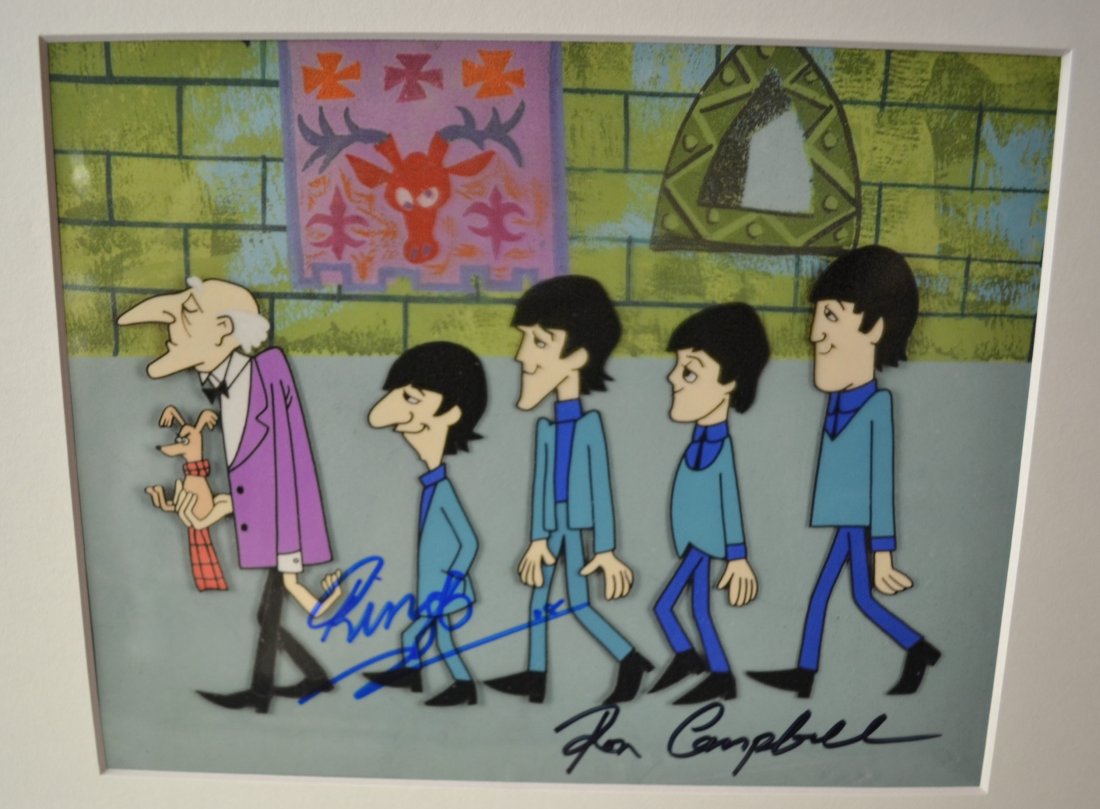 the Beatles Autograph Ringo Starr Cartoon , the beatles: Very Rare Autograph, this is a beautiful very tough autograph photo is sign by Ringo and ron campbell , ringo no longer signs and is now scarce. very sought after transparency film photo Absolute beau