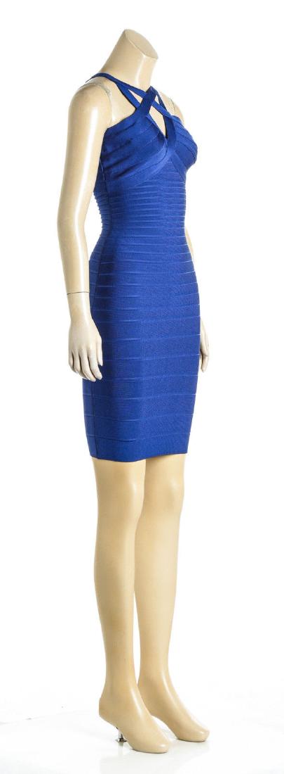 Herve Leger Blue Myra Bandage Dress (Size XS): Herve Leger Style: Body-con Condition: Preowned - Excellent Condition Color: Blue Material: Rayon/nylon/spandex. Bust: 15" Waist: 10" Length: 36" Blue dress that features cutout the the bust, cage str