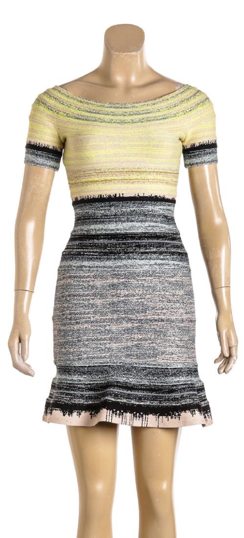 Herve Leger Dress (Size XS): Herve Leger Type: Dress Condition: Preowned in Excellent Condition Color: Yellow, Blue and Beige Material: Rayon Blend Bust: 14" Waist: 10.5" Sleeve Length: 4.25" Length: 31" Crafted from the label's