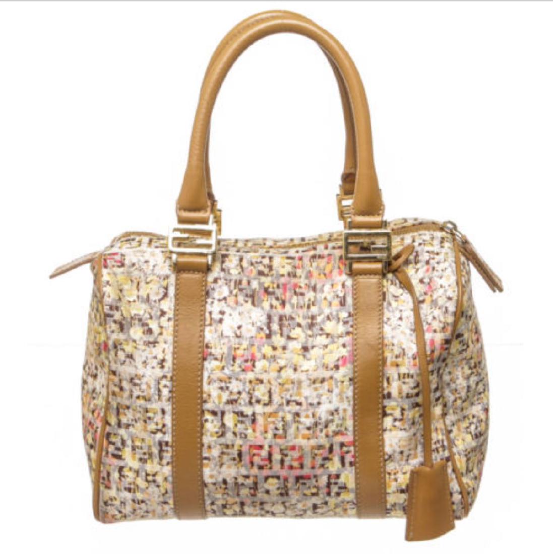 Fendi Tan Multicolor Boston Bag: Fendi Type: Boston Bag Condition: Exterior: Preowned in Good Condition Interior: Preowned in Very Good Condition Color: Cream, Tan, Yellow, Brown Material: Canvas and Leather Dimensions: 10" x 7" x 5.