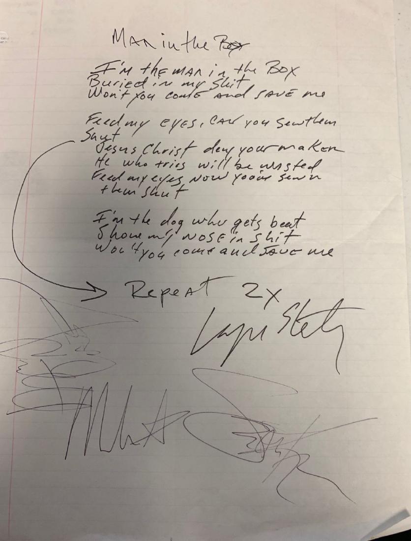 Hand Written Man In TheBix Lyrica: Signed by Layne Staley, Mike Starr, Jerry Cantrell and Sean Kinney
