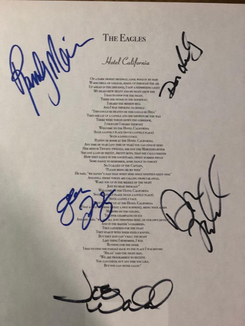 Signed Hotel California Lyrics: Signed by Don Henley, Glenn Frey, Don Felder, Joe Walsh, Randy Meisner