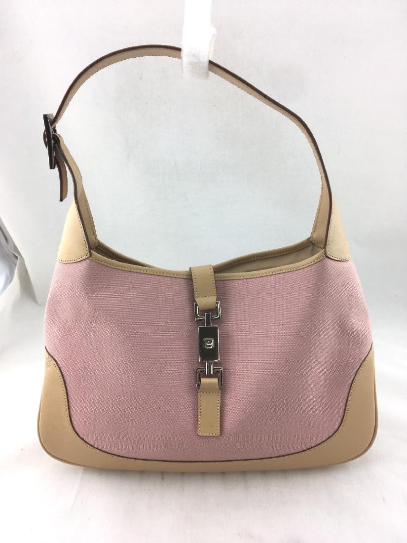 Gucci shoulder bag: Brand:Gucci Style:Shoulder Bag Color:tan/ pink Size:Small Material:Leather/ Fabric Measures: Length:12 Height:8 Depth:3 Shoulder Drop:9 Made in Italy Comes Complete with dust bag Condition: Gently