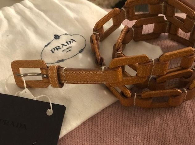 Prada Women's Cinghiale Show Leather Belt: Brand: Prada Women's Leather /Metal Chain Belt NEW WITH TAGS AUTHENTICITY CARD, DUSTBAG size: 75 Color:Cuoio/Tan