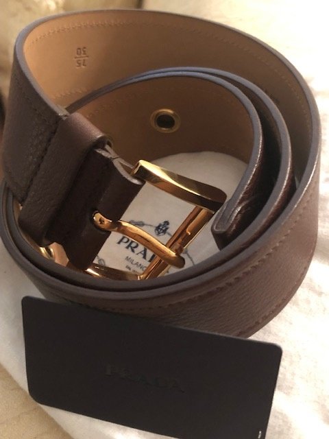 Prada St. Daino Gold Leather Belt: Brand: Prada Women's Leather Belt/Gold Hardware NEW WITH TAGS AUTHENTICITY CARD, DUSTBAG size: 75 Color: Bruciato