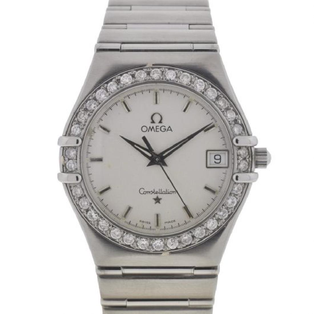 Omega Constellation Watch: Omega Constellation Case Metal Case Size Dial BezelStainless Steel 34mm White â€“ Small damage at 10 oclock by the minute markers. Stainless Steel BraceletStainless Steel Movement Features Includ