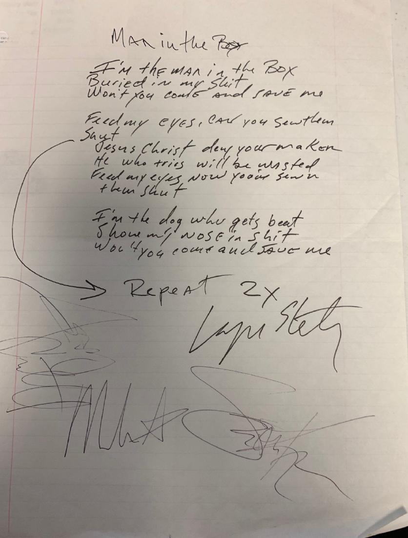 Hand Written Man In TheBix Lyrica: Signed by Layne Staley, Mike Starr, Jerry Cantrell and Sean Kinney