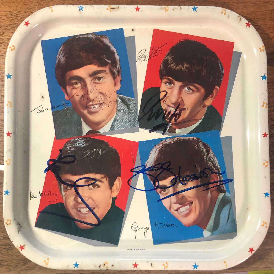 Signed Beatles Vintage Metal Serving Tray: Signed by John Lennon. Paul McCartney, George Harrisson and Ringo Starr