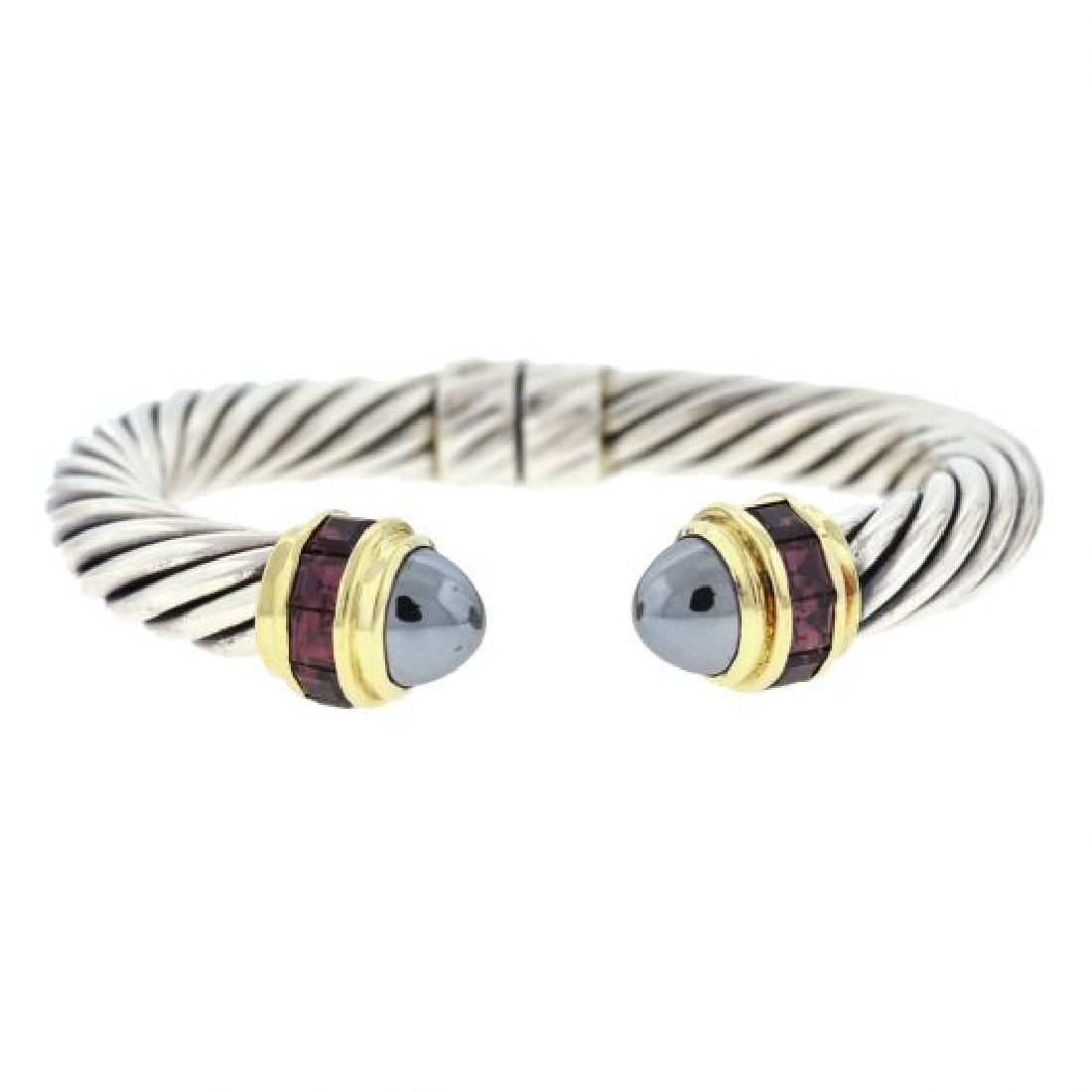 David Yurman Bangle Bracelet: Brand: David Yurman Style: Renaissance Two Tone Cable Square Amethyst Bangle Bracelet Metal: 14K yellow gold/Sterling Silver Size: 10mm Fits Wrist Size 7 1/2â€³ 10mm DiameterApprox. 3.15â€³