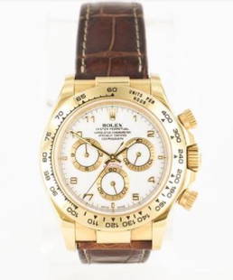 Rolex Daytona Watch: Men's Rolex Daytona #116518 Automatic Round 18kt gold analog watch Calibre - 4130 Power Reserve - 72 Hours Case Size - 40 mm Crown/Case Back - Screw Down Case Material: 18Kt gold Bezel - Fixed Color -