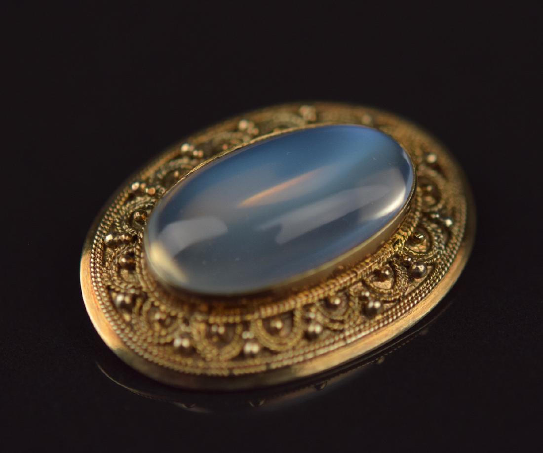 Moonstone Revival Brooch: Etruscan 14K Yellow Gold Moonstone Revival Brooch B ;14K Yellow Gold; 4.9dwt; Moonstone 21.5 x 11.6 x 6.2mm